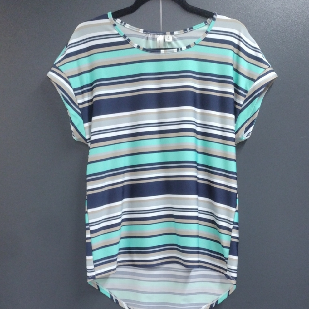 Tacera Blue and Green Striped Short Sleeve Tee